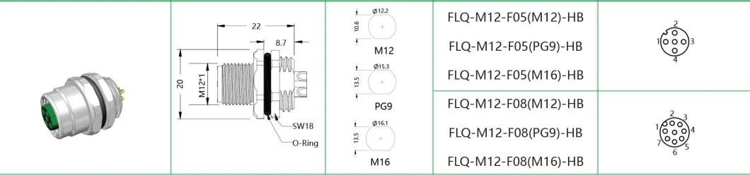 M12 Plate Connector 8pin Female Flange Installtion Front Panel